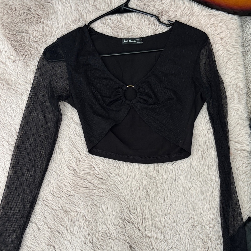 Elegant Black Mesh Sleeve Women's Top